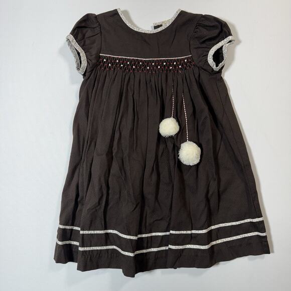 P’tite Môm Girls Brown Smocked Dress 4T Puff Sleeve Cotton Parisian Pom Pom - Picture 1 of 6